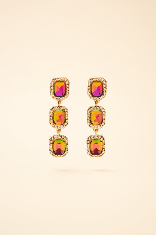 Emily 3-Tier Emerald Cut & Halo Earrings | Green Rainbow