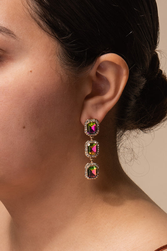 Emily 3-Tier Emerald Cut & Halo Earrings | Green Rainbow