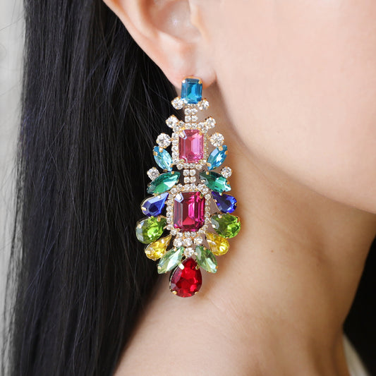 Claire Large Rhinestone Drop Post Earrings | Multicolor