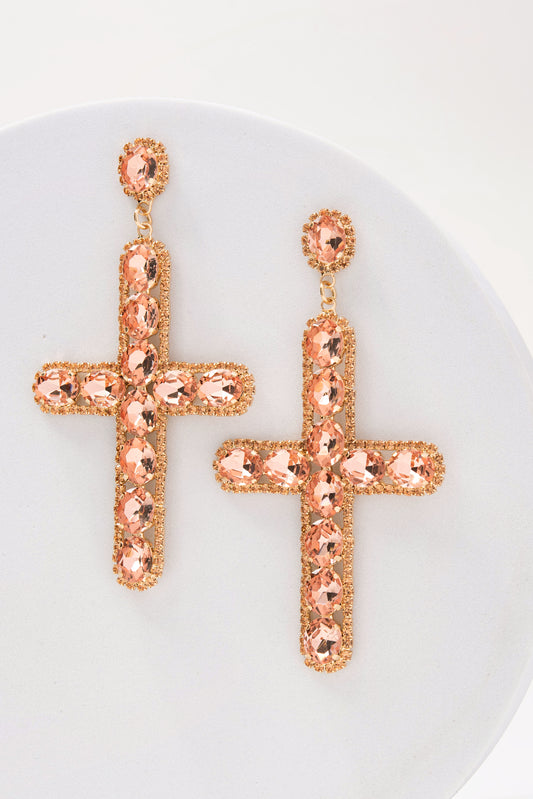 Catalina Rhinestone Cross Earrings | Peach