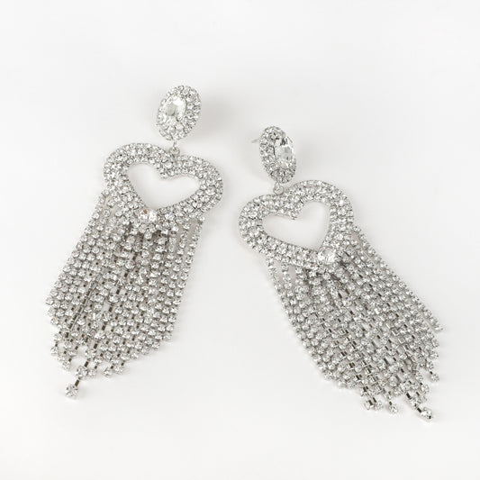 Infinity Heart Rhinestone Fringe Earrings | Silver
