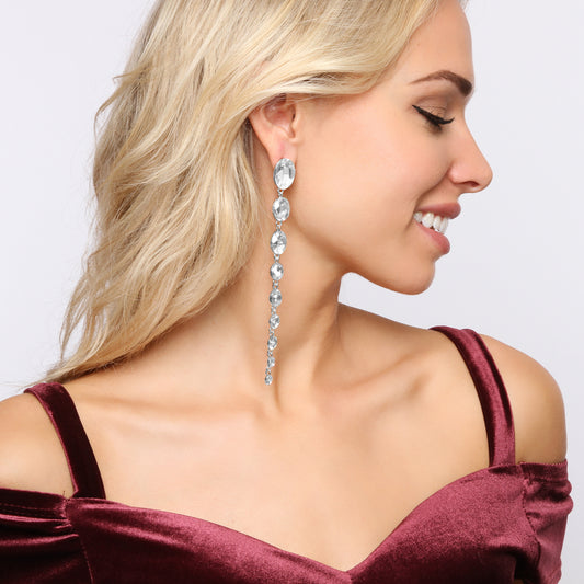 Genesis Oval Drop Rhinestone Post Earrings | Silver