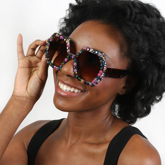 Regina Hexagon Frame Rhinestone Sunglasses | Multicolor