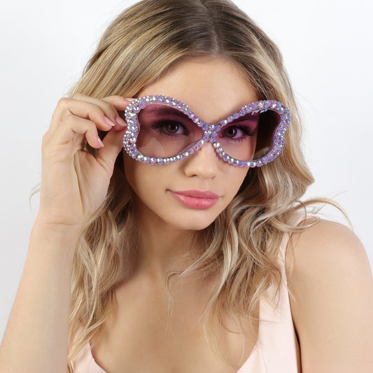 Kinley Butterfly Wing Oversized Rhinestone Sunglasses | Lavender