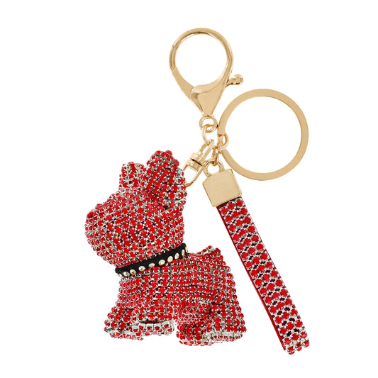 Rhinestone Dog Keychain with Wristlet - Red