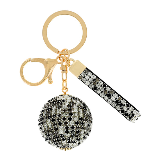 Rhinestone Ball Key Chain with Wristlet - Black/White