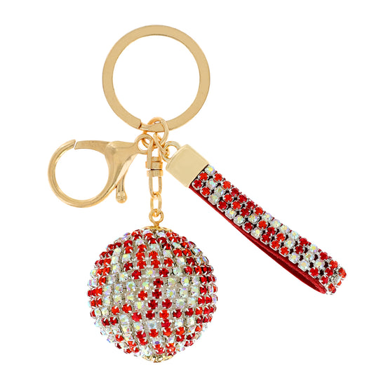 Rhinestone Ball Key Chain with Wristlet - Red Iridescent