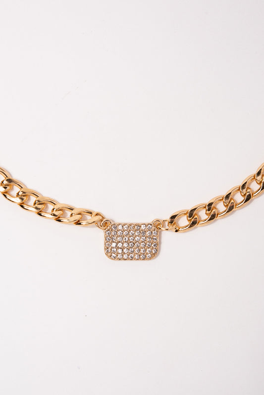 Small Dog Tag Pendant Curb Chain Necklace - Gold