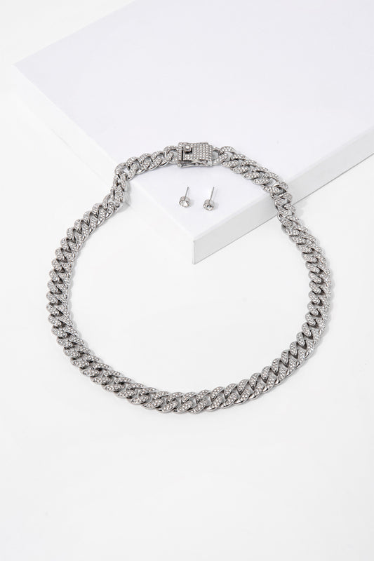 Fiona Rhinestone Link Necklace and Earring Set Large | SIlver