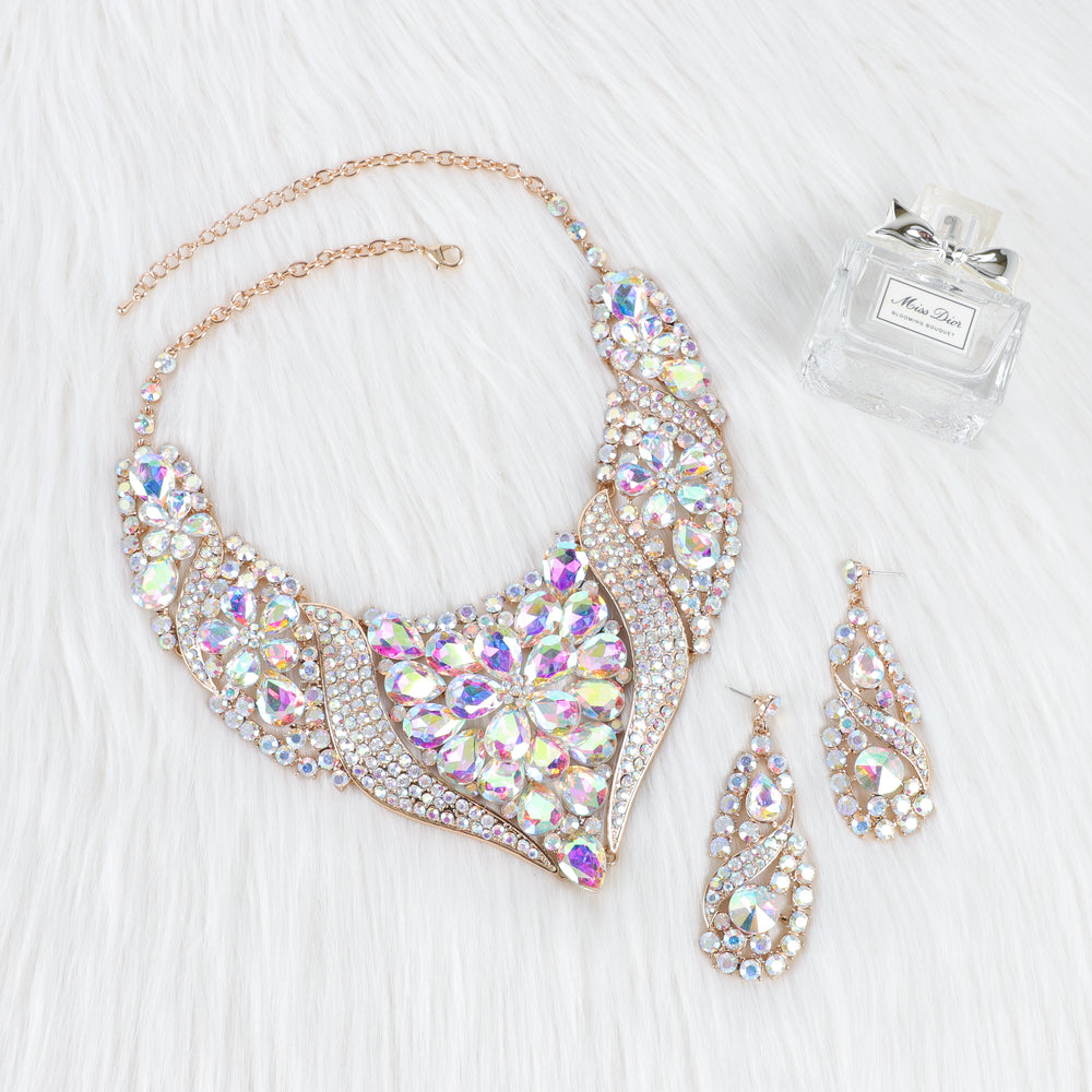 Through The Vine Rhinestone Necklace & Earring Set | Gold Iridescent
