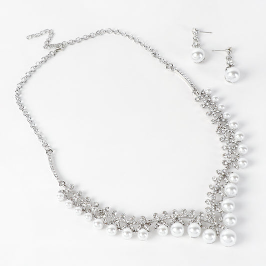 Celeste Pearl & Rhinestone Necklace & Earring Set | Silver