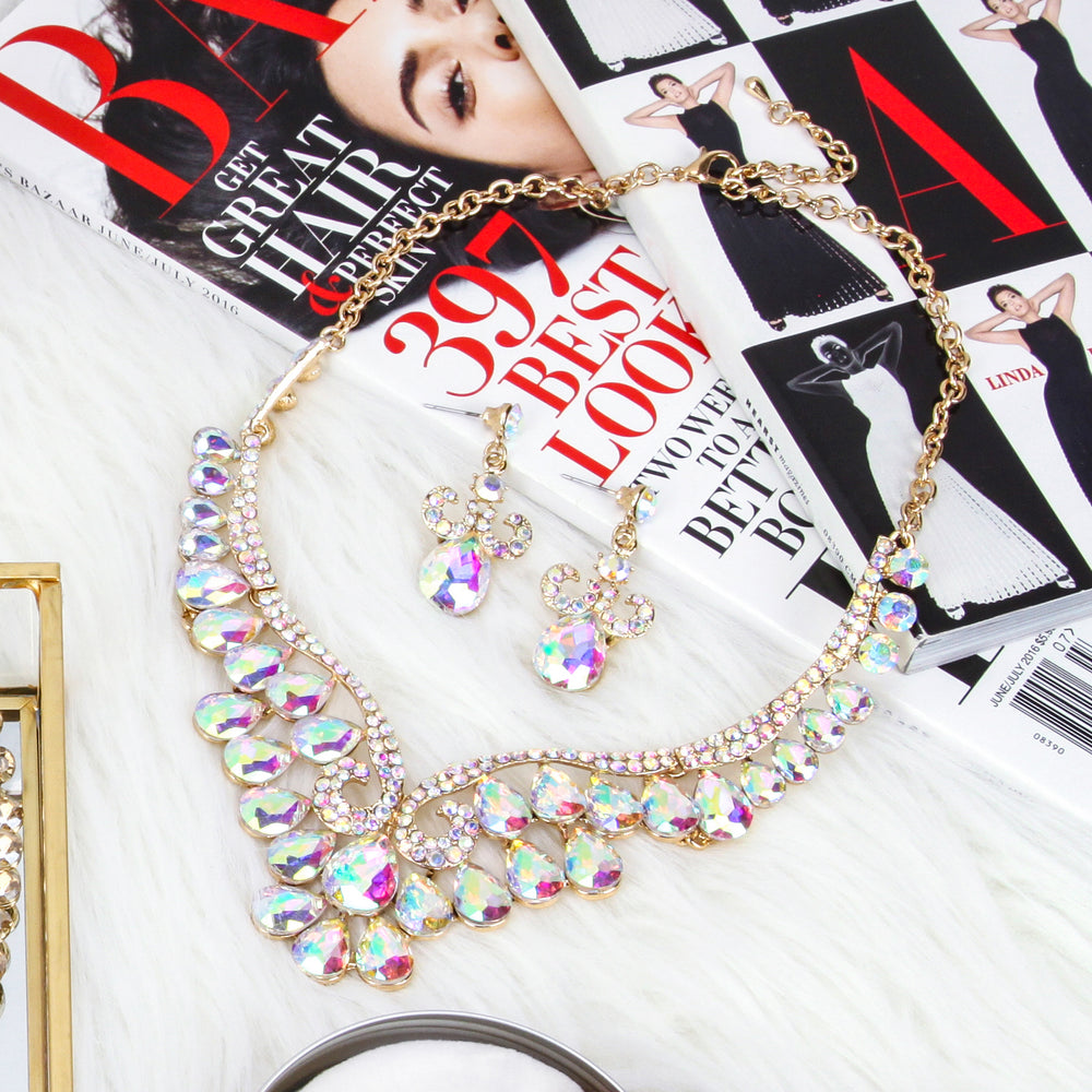 Gaia Teardrop Rhinestone Necklace & Earring Set - Iridescent | Gold Iridescent