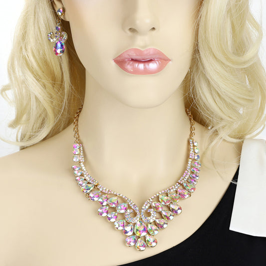 Gaia Teardrop Rhinestone Necklace & Earring Set - Iridescent | Gold Iridescent