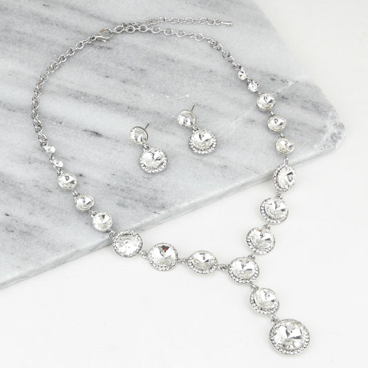 Aaliyah Round Drop Rhinestone Necklace & Earring Set | Silver