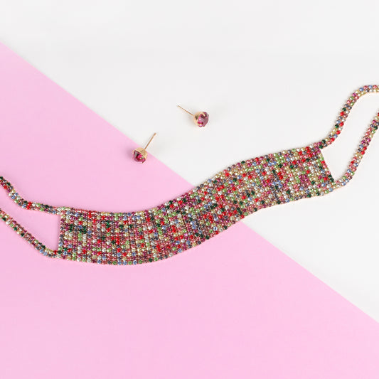 Brooklyn 13-Row Rhinestone Choker & Earring Set | Multicolor
