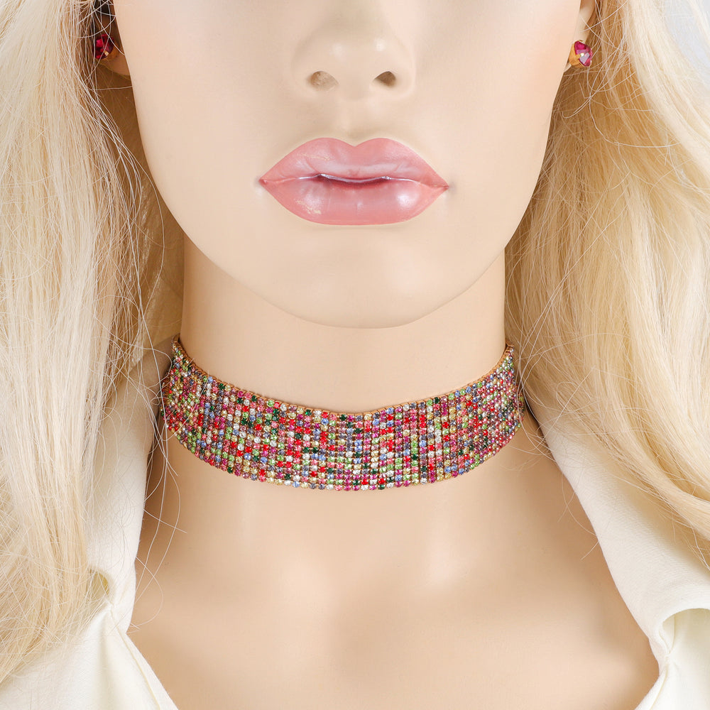Brooklyn 13-Row Rhinestone Choker & Earring Set | Multicolor