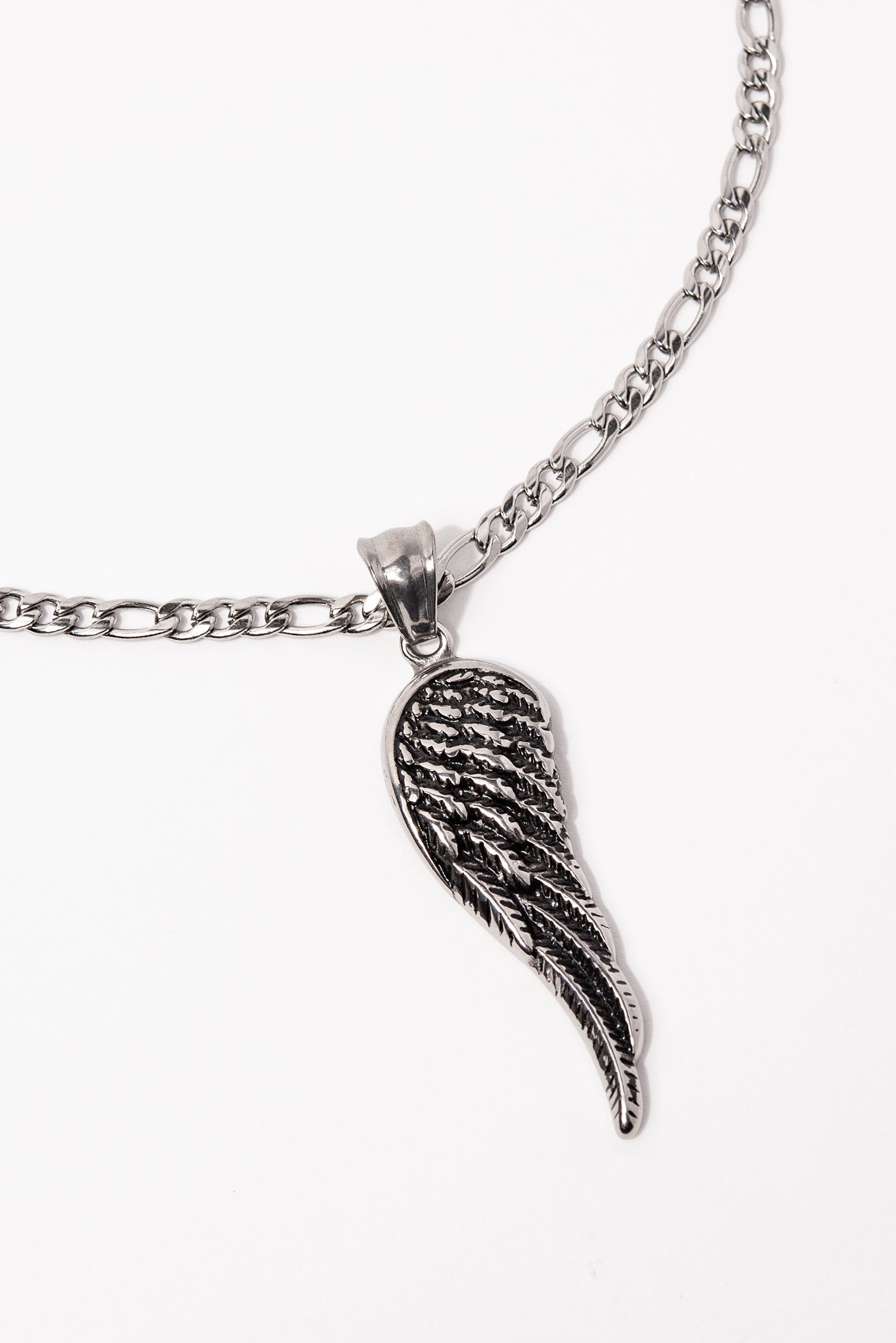 Stainless Steel Figaro Chain Necklace with Angel Wing Pendant