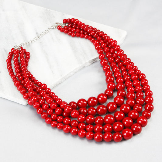 Elsie 5-Strand Pearl Necklace & Earring Set | Metallic Red