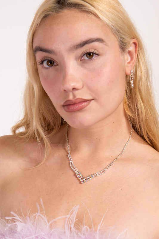 Anna Rhinestone V Necklace Set | Silver