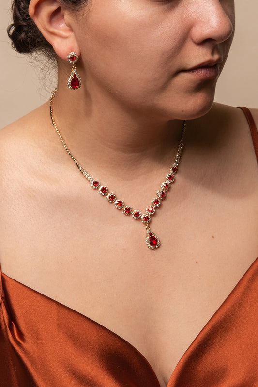 Gabby Flower Stones & Teardrop Pendant Necklace Set | Red