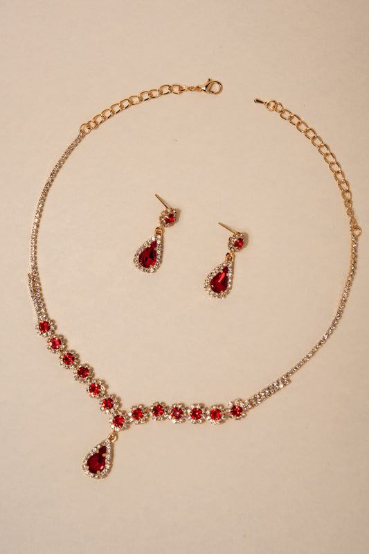 Gabby Flower Stones & Teardrop Pendant Necklace Set | Red