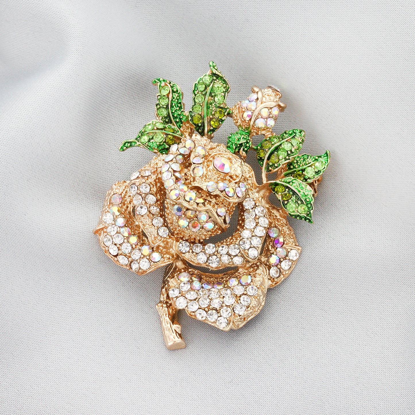 Nevaeh Rose Rhinestone Brooch - Gold Iridescent