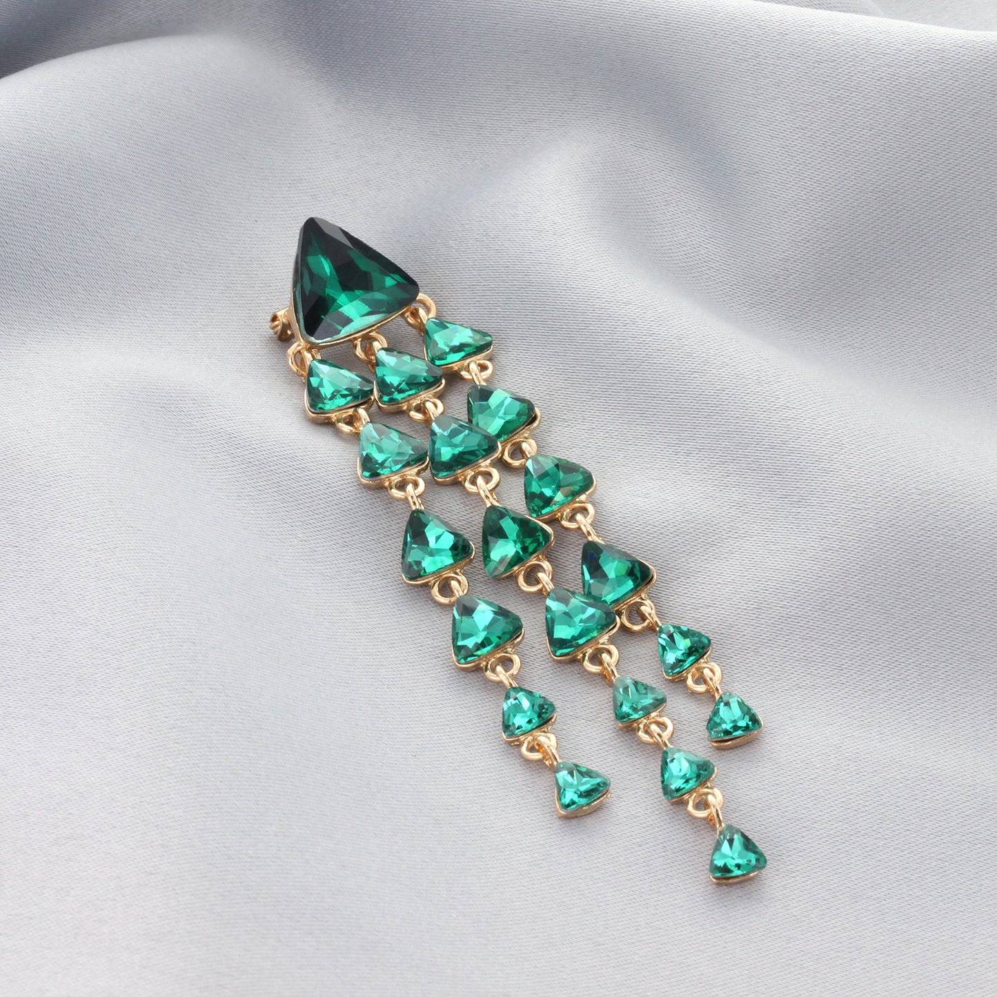 Everly Triangle 3-Tier Rhinestone Brooch - Green