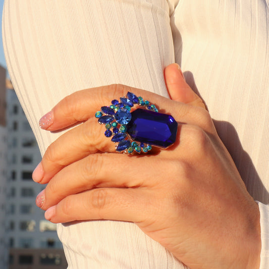 Calista Crown Rhinestone Stretch Ring | Royal Blue