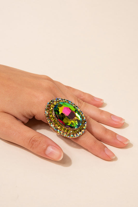 Miriam Oval Stone & Double Halo Stretch Ring | Green Rainbow