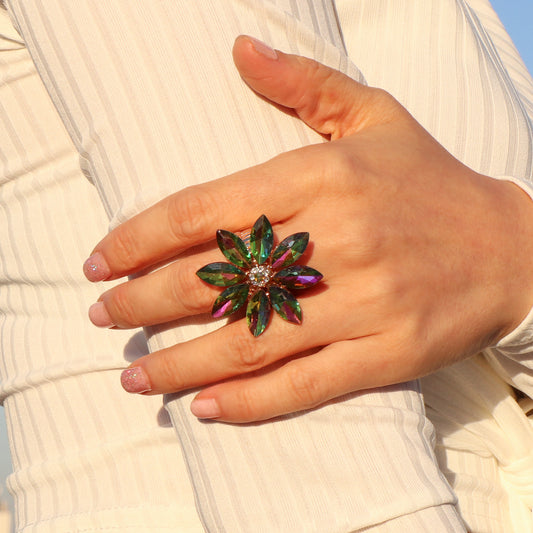 Aubrielle Flower Rhinestone Stretch Ring | Green Rainbow