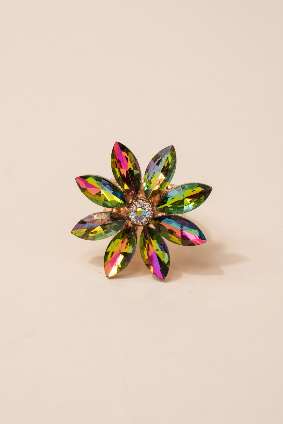 Aubrielle Flower Rhinestone Stretch Ring | Green Rainbow