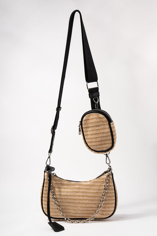 Marnie Straw Crossbody Bag with Detachable Coin Purse | Black
