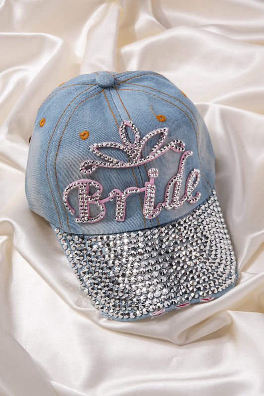 Distressed BRIDE Rhinestone Denim Cap | Light Denim / Pink