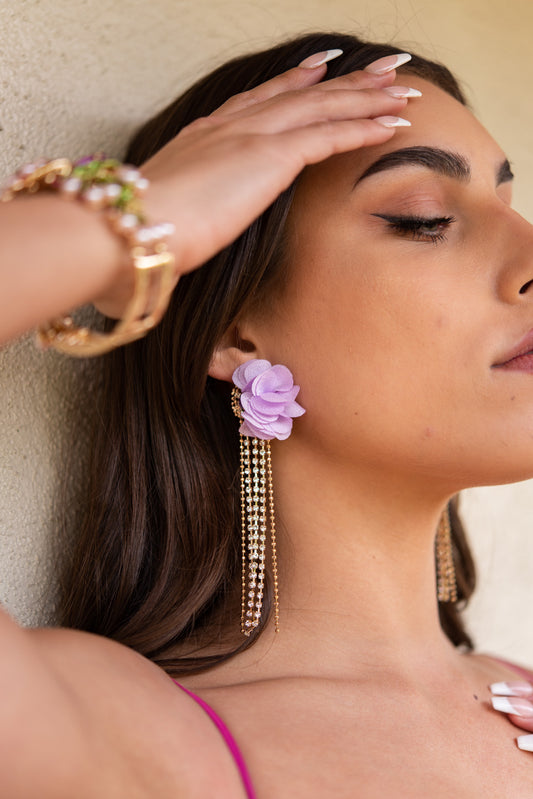 Petal Puff Rhinestone Tassel Earrings | Fuchsia