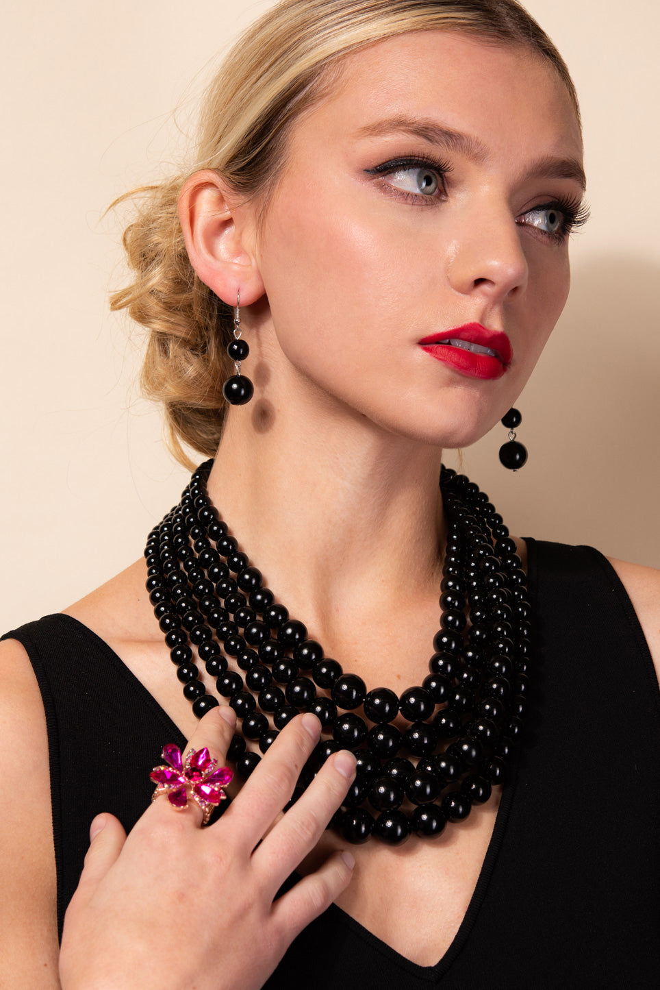 Elsie 5-Strand Pearl Necklace & Earring Set | Black