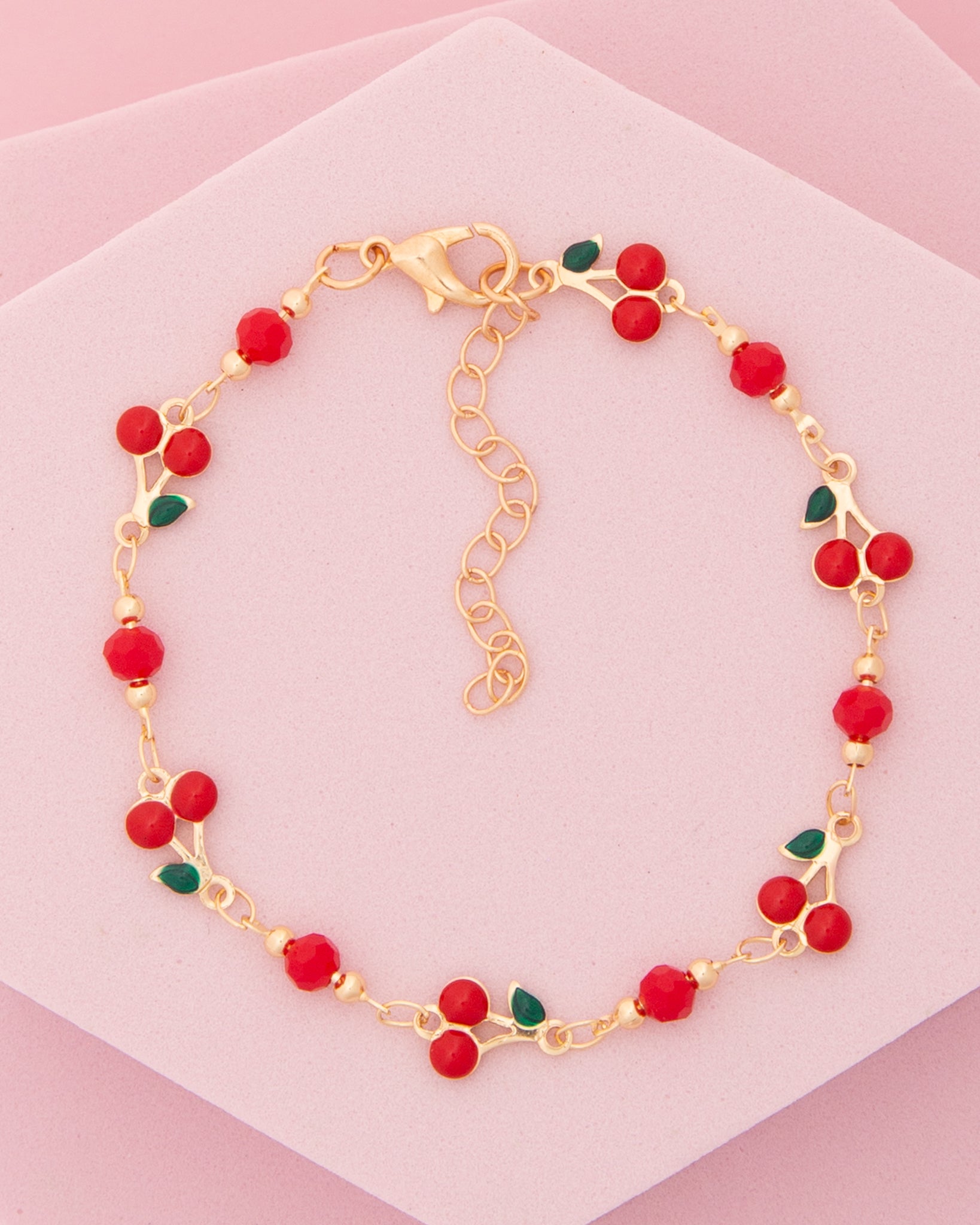 Eden Crystal Embellished Red and Green Enamel Cherry Charm Anklet