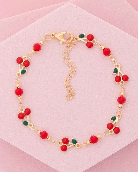 Eden Crystal Embellished Red and Green Enamel Cherry Charm Anklet