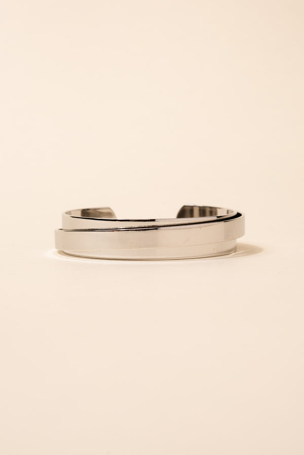 Leona Double Layer Metal Cuff Bangle Bracelet - Silver