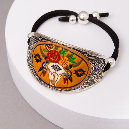 Nora Western Steer Head Leather Bracelet with Concho Slider