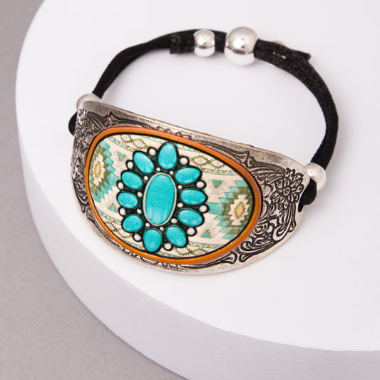 Emily Western Squash Blossom Leather Bracelet with Concho Slider