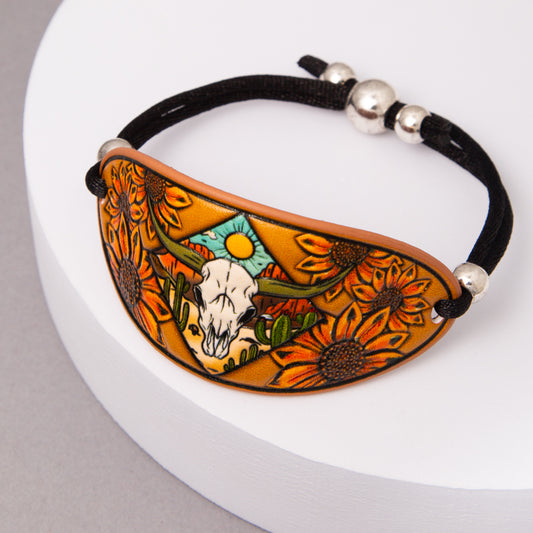 Evelyn Western Floral Steer Head Tooled Leather Slider Bracelet