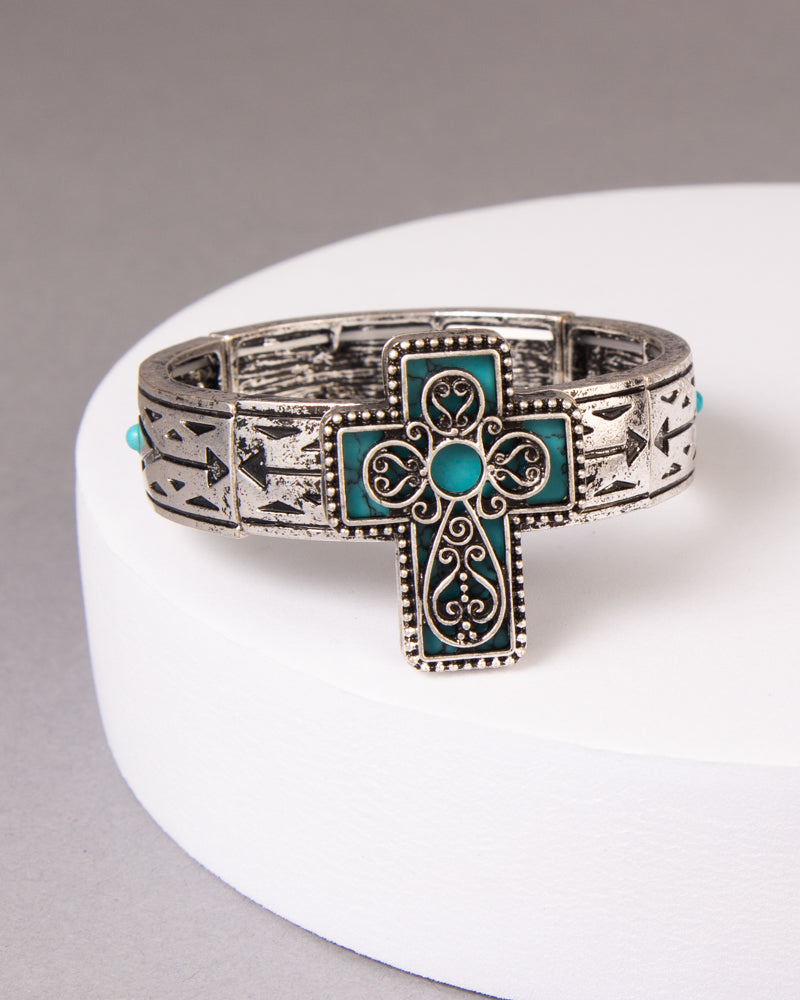 Brielle Western Scrolled Filigree Cross Stretch Bracelet | Turquoise