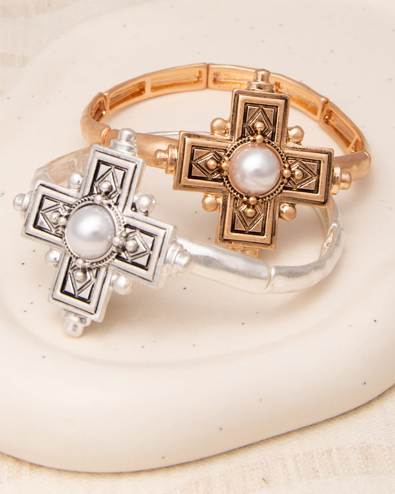 June Pearl Orthodox Greek Cross Stretch Bangle Bracelet
