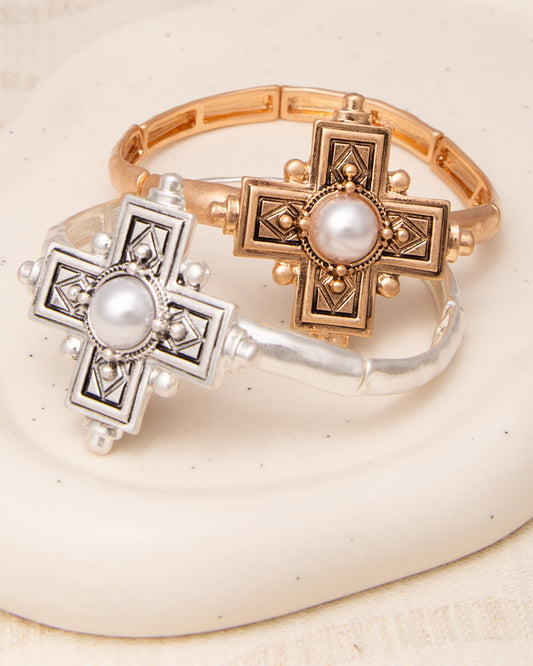 June Pearl Orthodox Greek Cross Stretch Bangle Bracelet