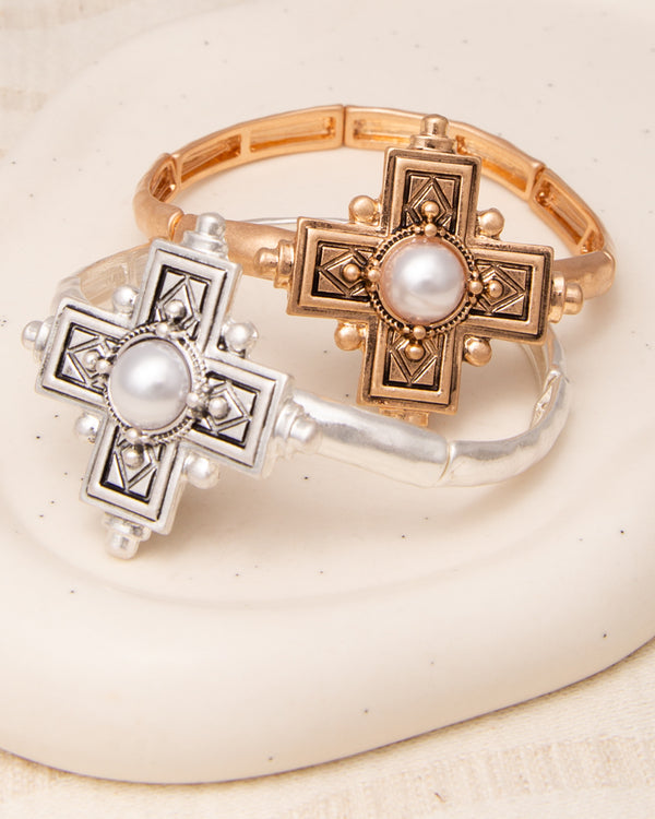 June Pearl Orthodox Greek Cross Stretch Bangle Bracelet
