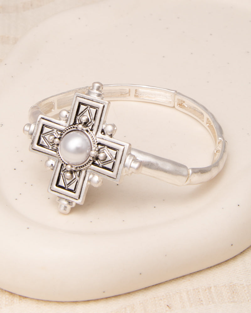 June Pearl Orthodox Greek Cross Stretch Bangle Bracelet