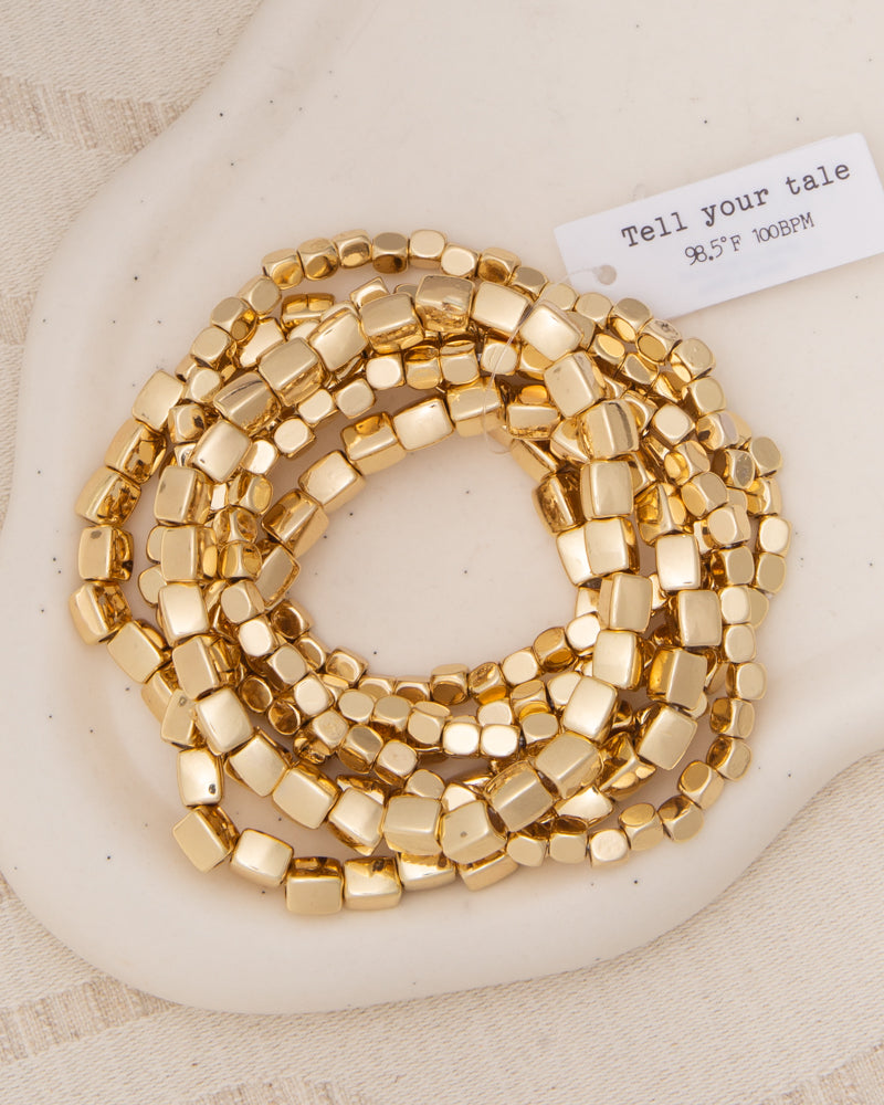 Quincy Metallic Cube Nugget Bead Bracelet Stack | Gold