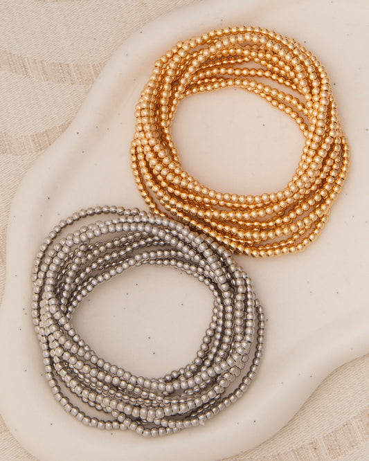 Clare Metallic Crimp Bead Stretch Bracelet Stack