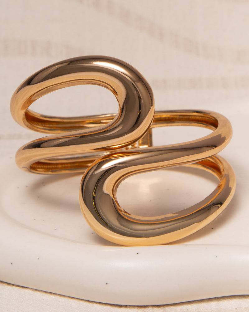 Elsa Polished Asymmetrical Open Inlay Bypass Hinged Bracelet | Gold