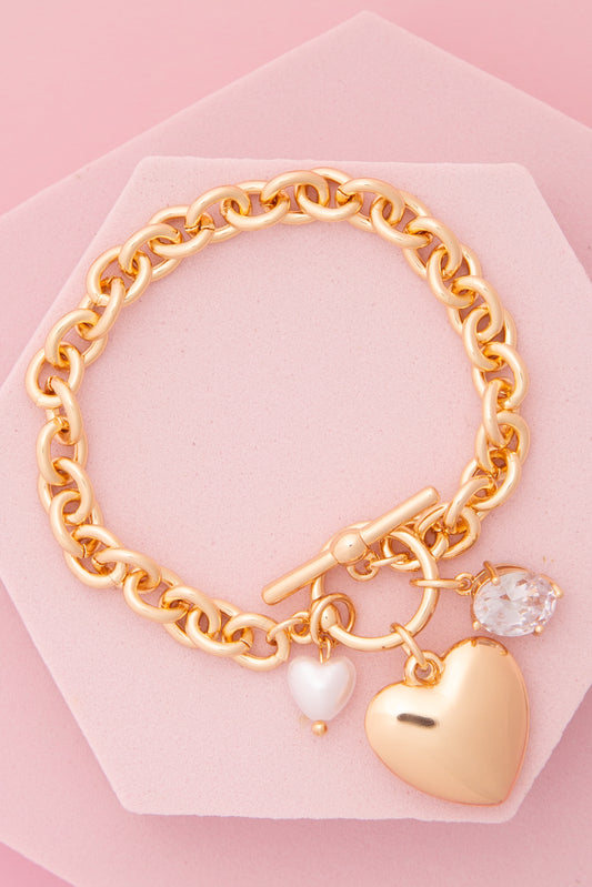 Harper Heart Charm Chain Bracelet with Pearl and Crystal Accents | Gold